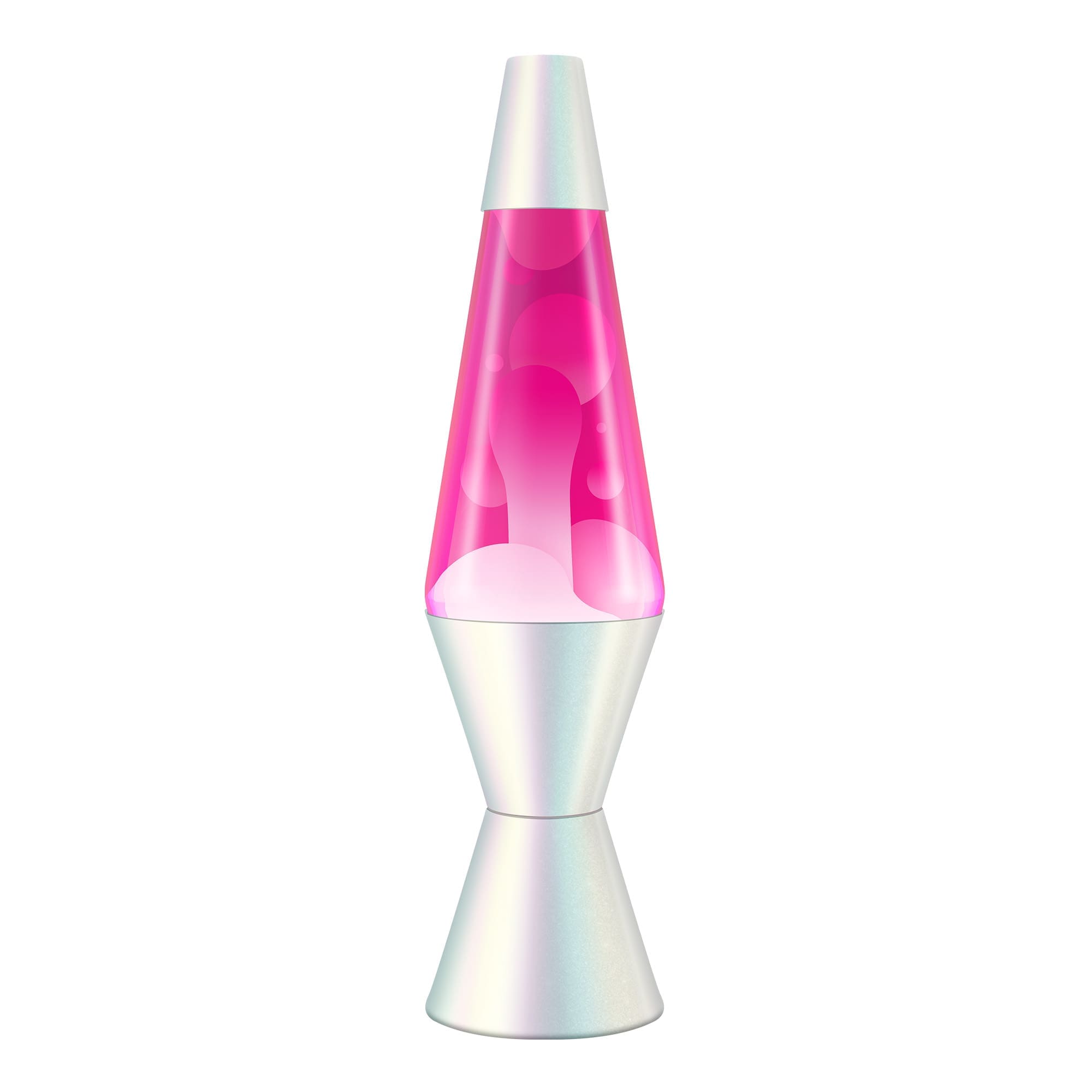 A Lava Lamp with a painted opalescent pearl base and cap, featuring pink liquid inside. The white globs are floating and forming various shapes within the transparent glass container.